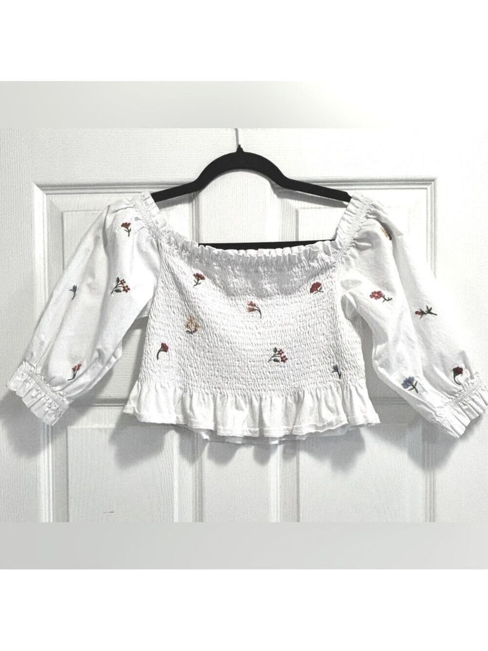 Zara Smocked Off the Shoulder Floral Cropped Top Puff Sleeves White Cotton Small